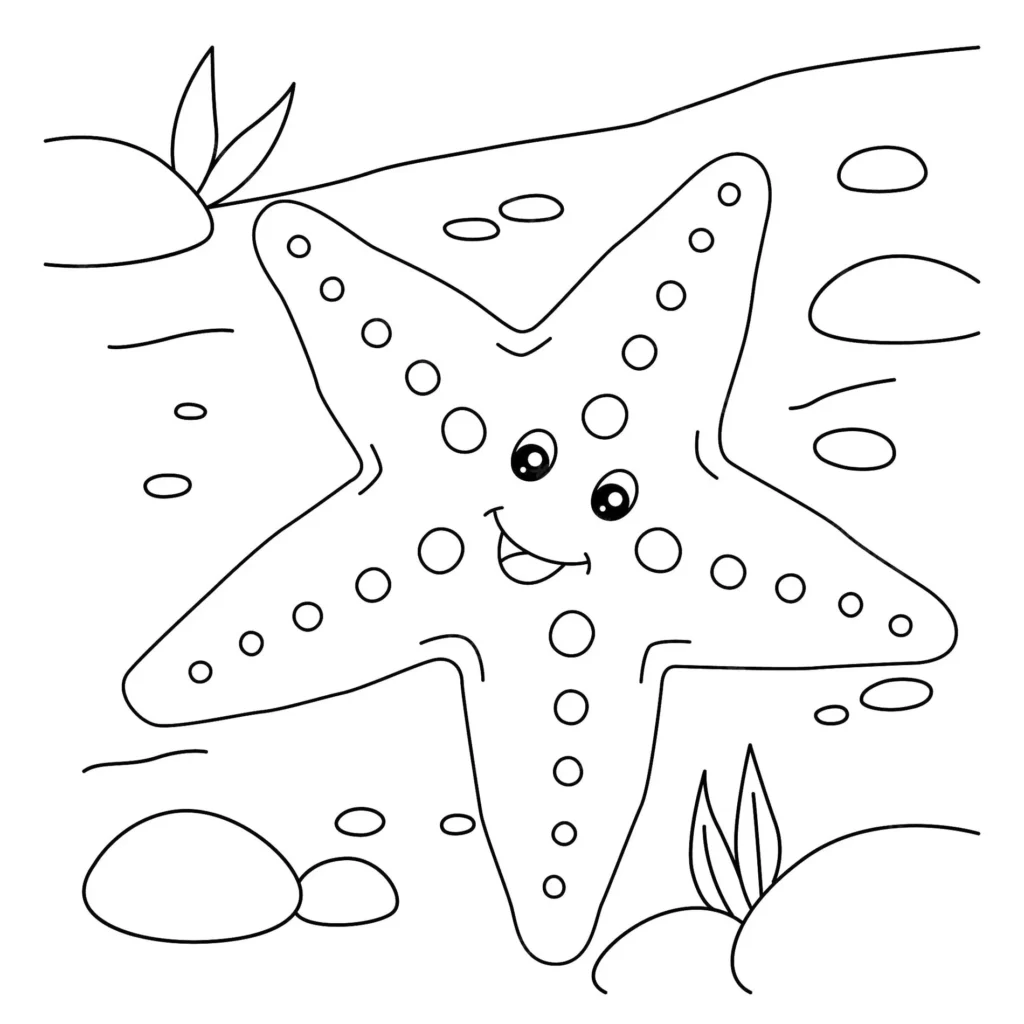 Estrela do mar sorrindo em ambiente marinho para colorir