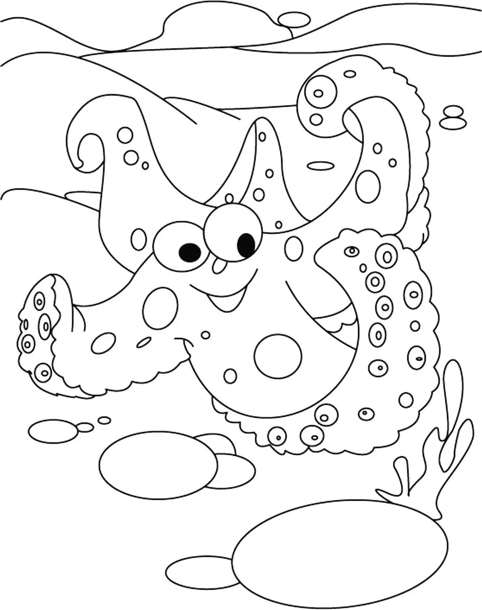 Desenhos de Estrelas do Mar para pintar Sorrindo Estrela do mar sorridente para colorir no fundo do mar