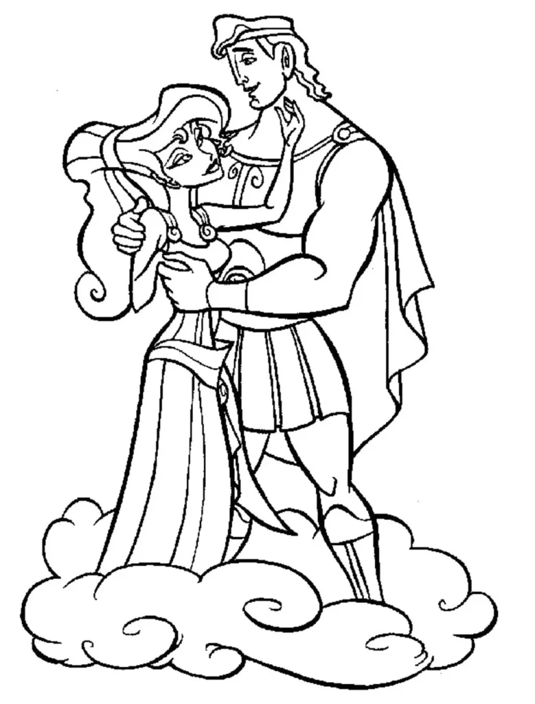 Hércules e Megara em cena romântica para colorir