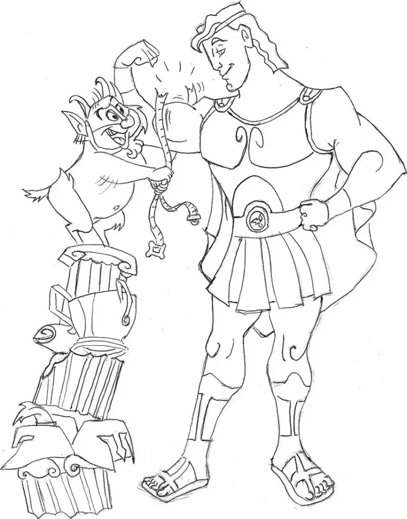 Hércules Forte e Philoctetes: Desenho para colorir do herói exibindo músculos.