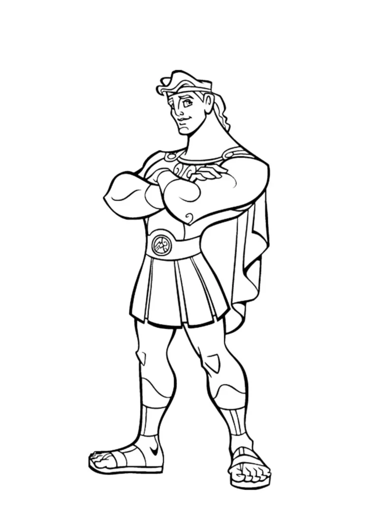 Hércules musculoso para colorir, braços cruzados, túnica e capa.