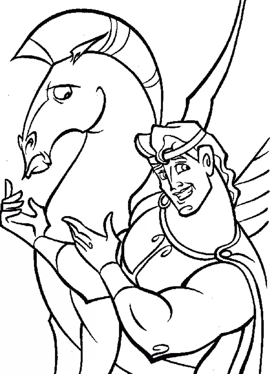 Hércules sorrindo ao lado de Pegasus em desenho para colorir
