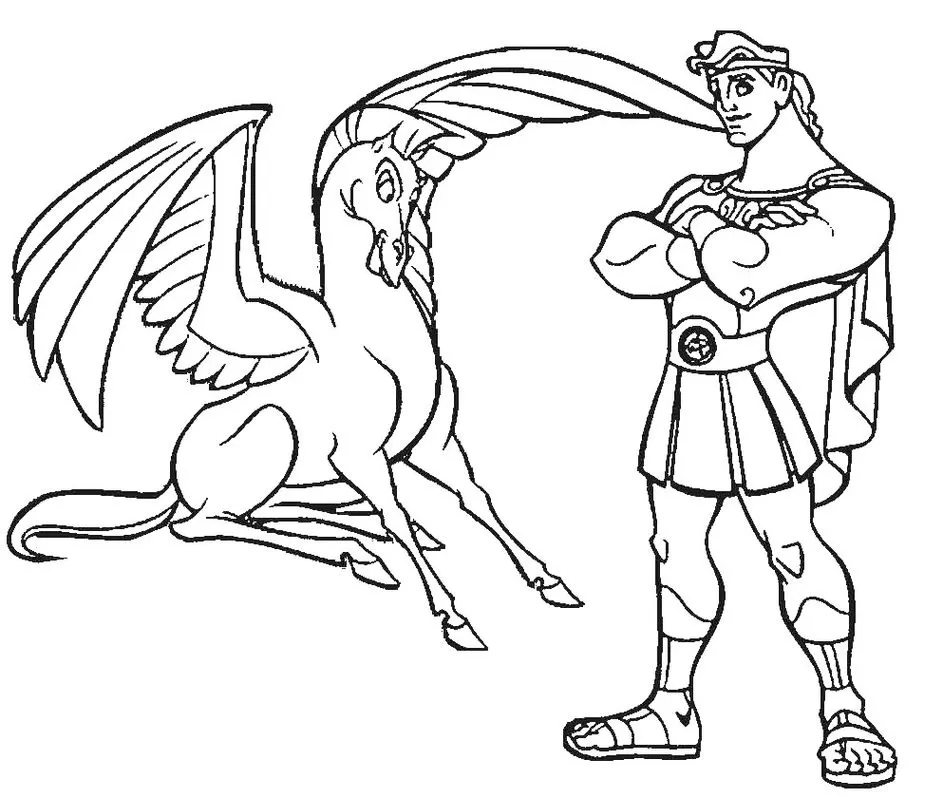 Hércules e Pegasus em desenho para colorir