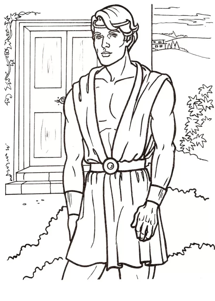 Hércules Príncipe: Desenho para colorir de herói musculoso em paisagem clássica.