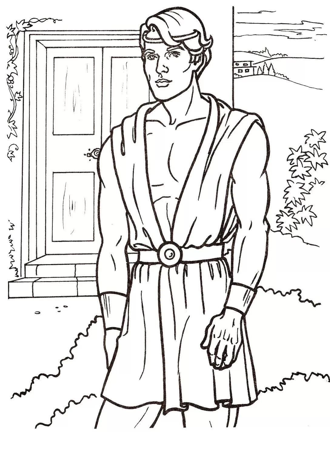 Desenhos de Hércules para pintar Príncipe Hércules Príncipe: Desenho para colorir de herói musculoso em paisagem clássica.