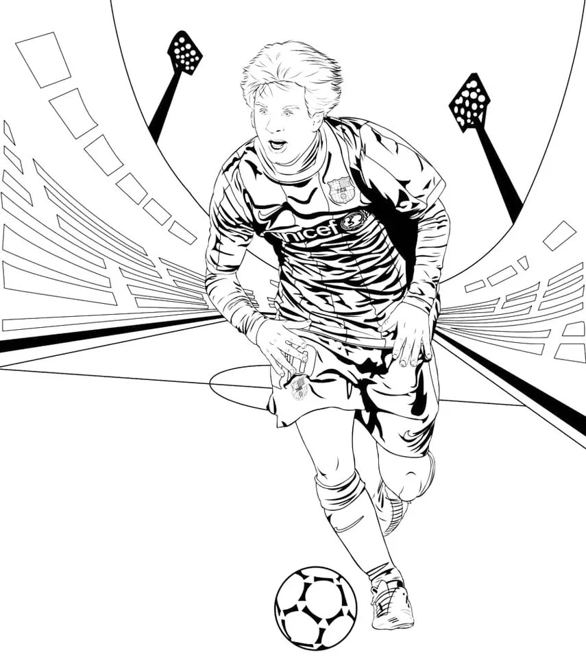 Messi em ação: desenho para colorir de craque driblando no estádio.