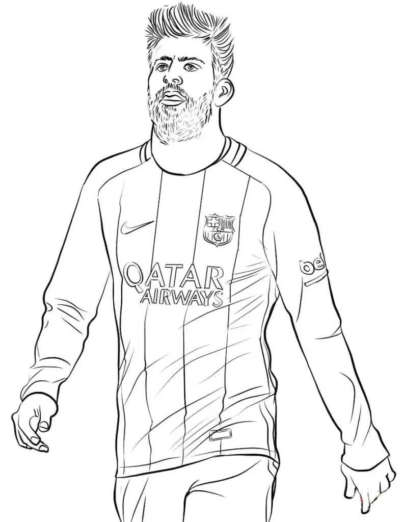 Messi para colorir: Desenho de jogador de futebol com camisa do time e inscrição 'QATAR AIRWAYS'.