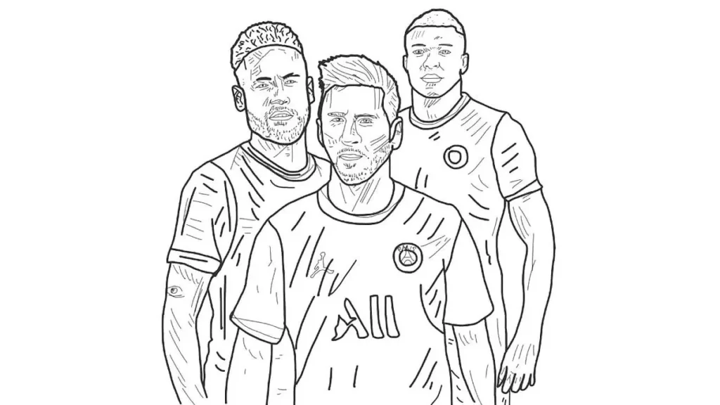 Desenho para colorir com Messi e companheiros de time, ideal para fãs de futebol.