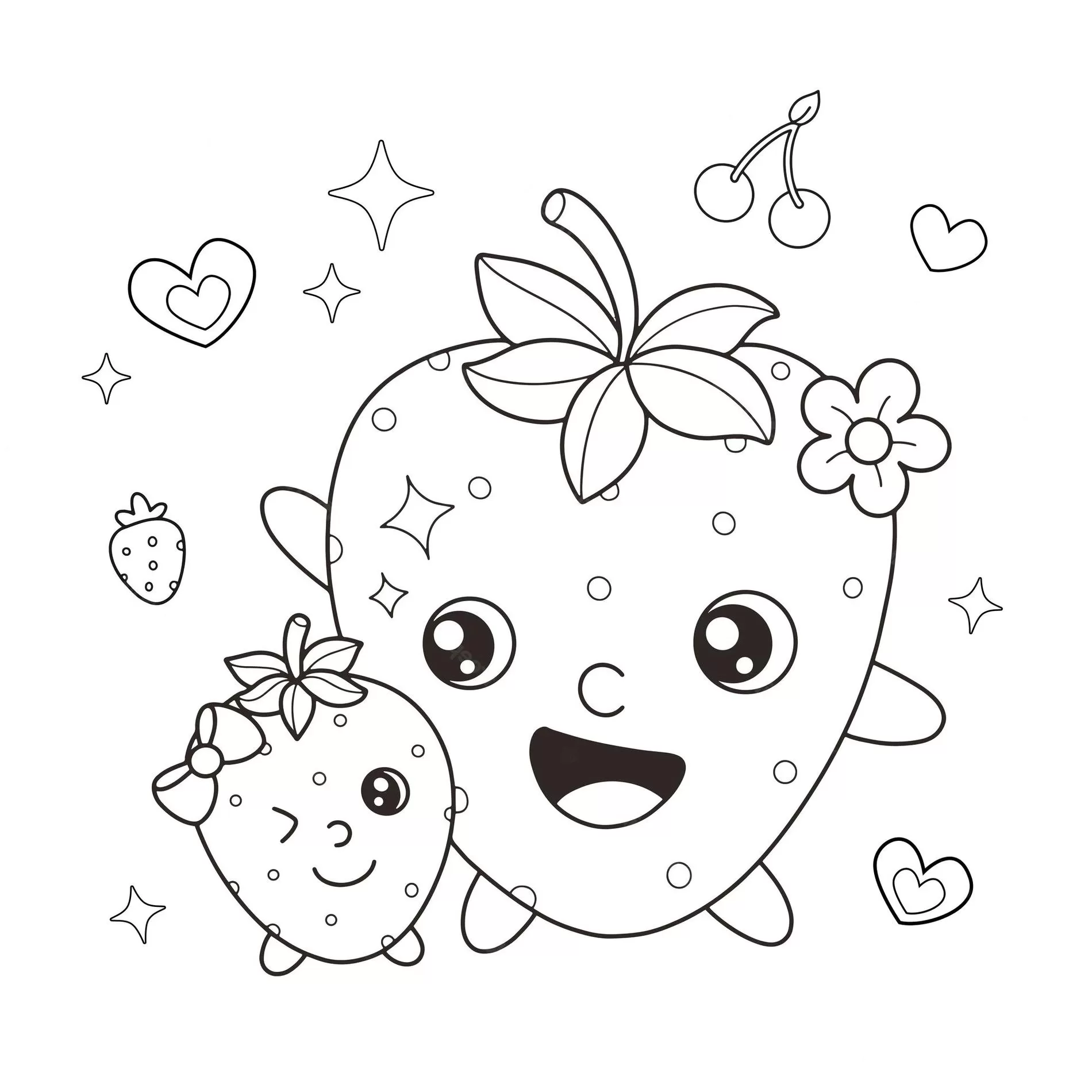 Morangos Kawaii para colorir: desenho divertido com rostinhos felizes.