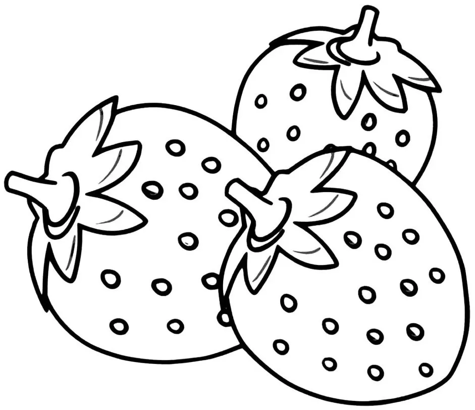 Desenhos de Morangos para pintar Três Morangos para colorir: trio de frutas com traços marcantes e sépalas bem definidas.