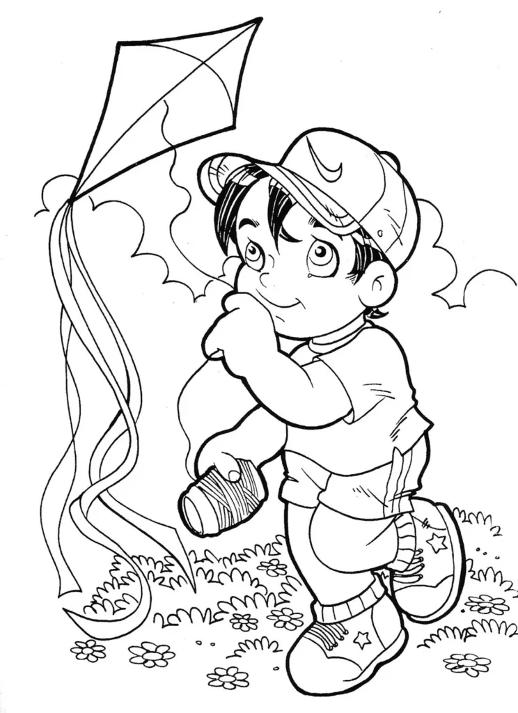 Desenhos de Pipas para pintar Brincando Garoto soltando pipa em campo florido: Desenho para colorir