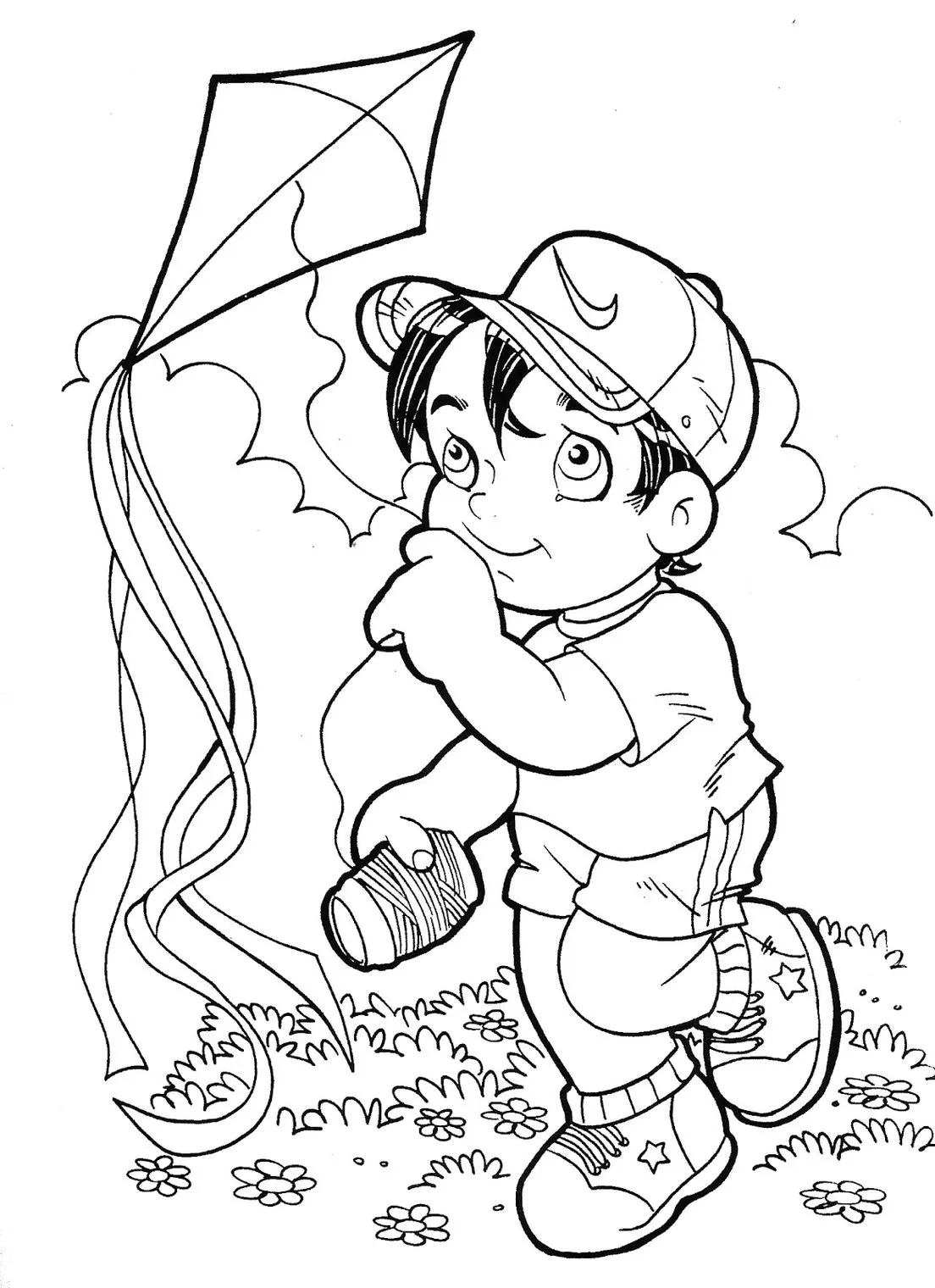 Desenhos de Pipas para pintar Brincando Garoto soltando pipa em campo florido: Desenho para colorir