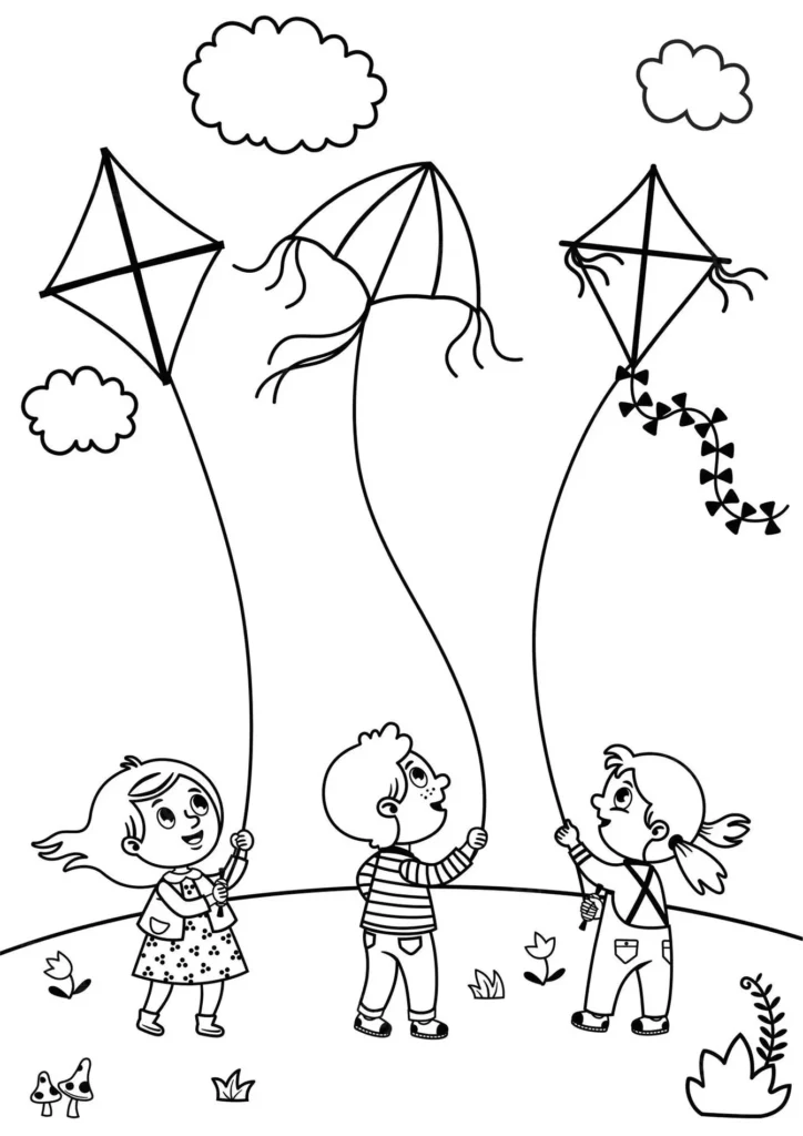 Desenhos de Pipas para pintar Diversão Garantida Crianças brincam com pipas coloridas em um dia ensolarado. Desenho para colorir.