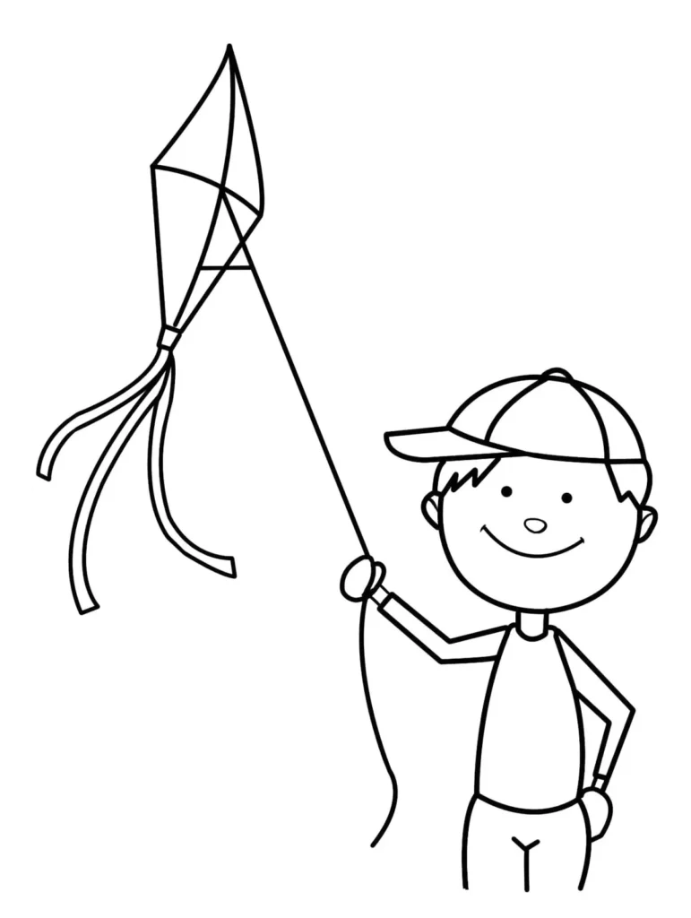 Desenhos de Pipas para pintar Empinando Menino com boné empinando pipa losango com fitas para colorir.