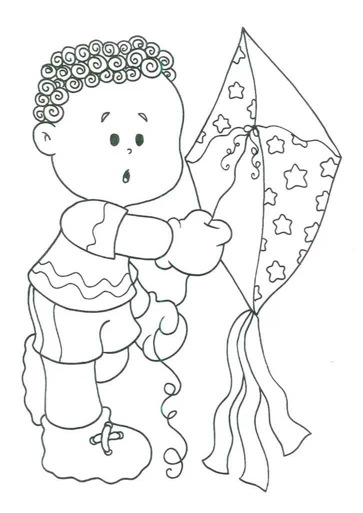 Desenhos de Pipas para pintar Preparando para Voar Garoto cacheado se prepara para soltar pipa decorada com estrelas. Desenho simples para colorir.