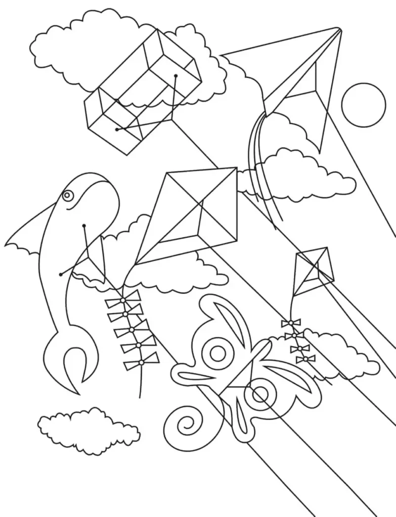 Desenhos de Pipas para pintar Vários Tipos Pipas coloridas para colorir: baleia, borboleta e formatos geométricos voando no céu.