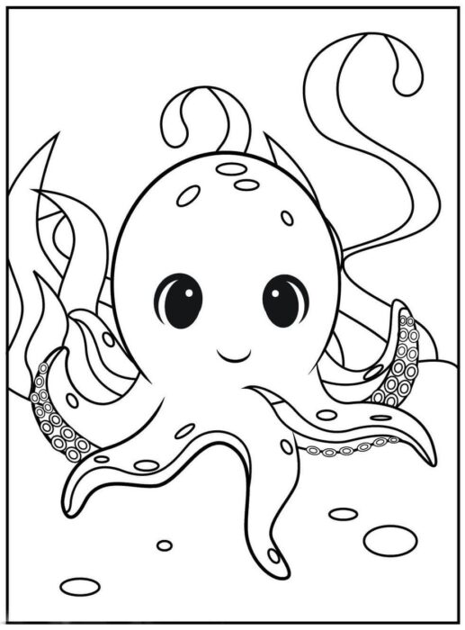 Polvo bebê para colorir: desenho divertido com polvo sorrindo no fundo do mar.
