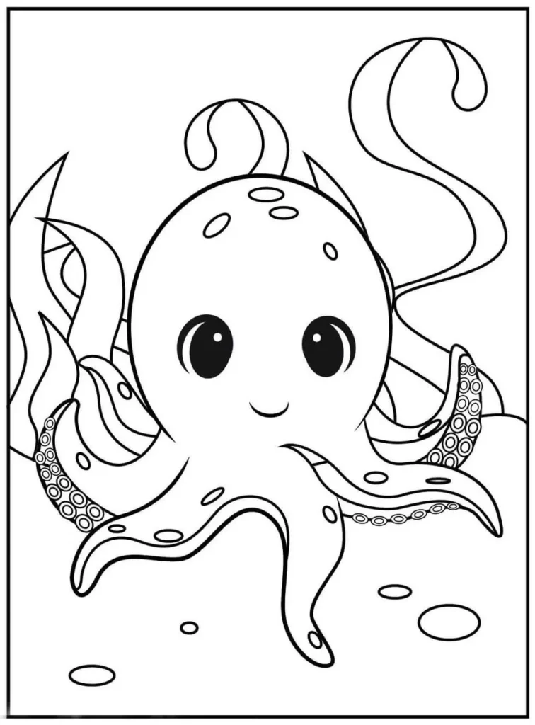 Polvo bebê para colorir: desenho divertido com polvo sorrindo no fundo do mar.