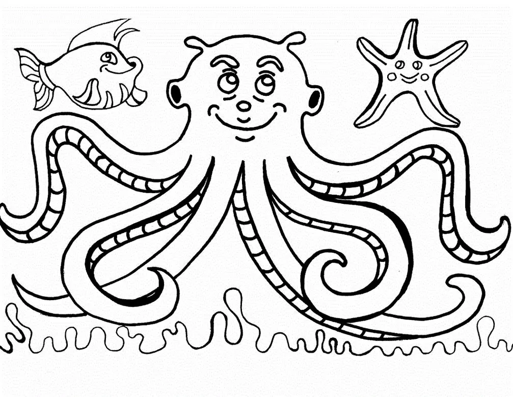 Polvo sorridente em cena marinha com peixe e estrela-do-mar para colorir.