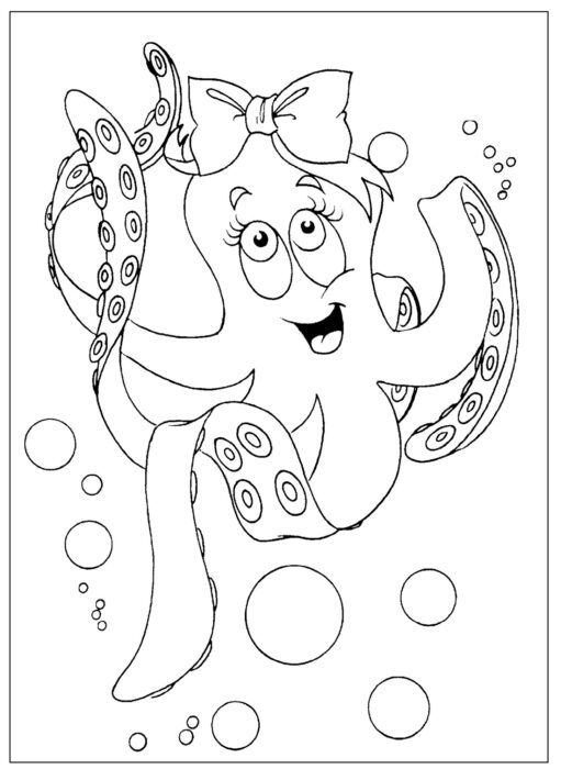 Polvo com laço na cabeça para colorir. Desenho divertido com bolhas.