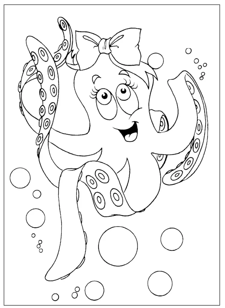 Polvo com laço na cabeça para colorir. Desenho divertido com bolhas.