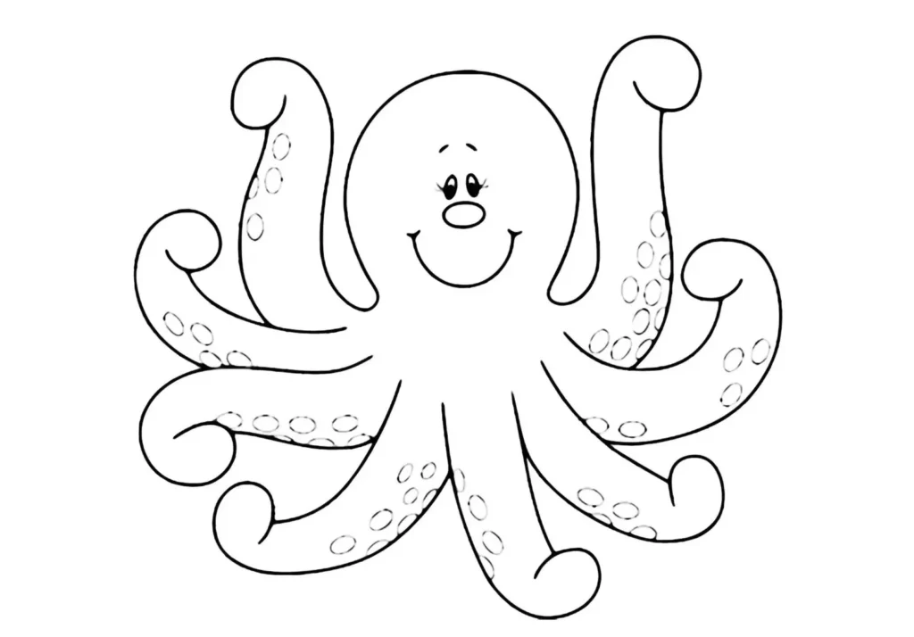 Desenho de polvo sorridente com muitos tentáculos, pronto para colorir. Ideal para atividades criativas.