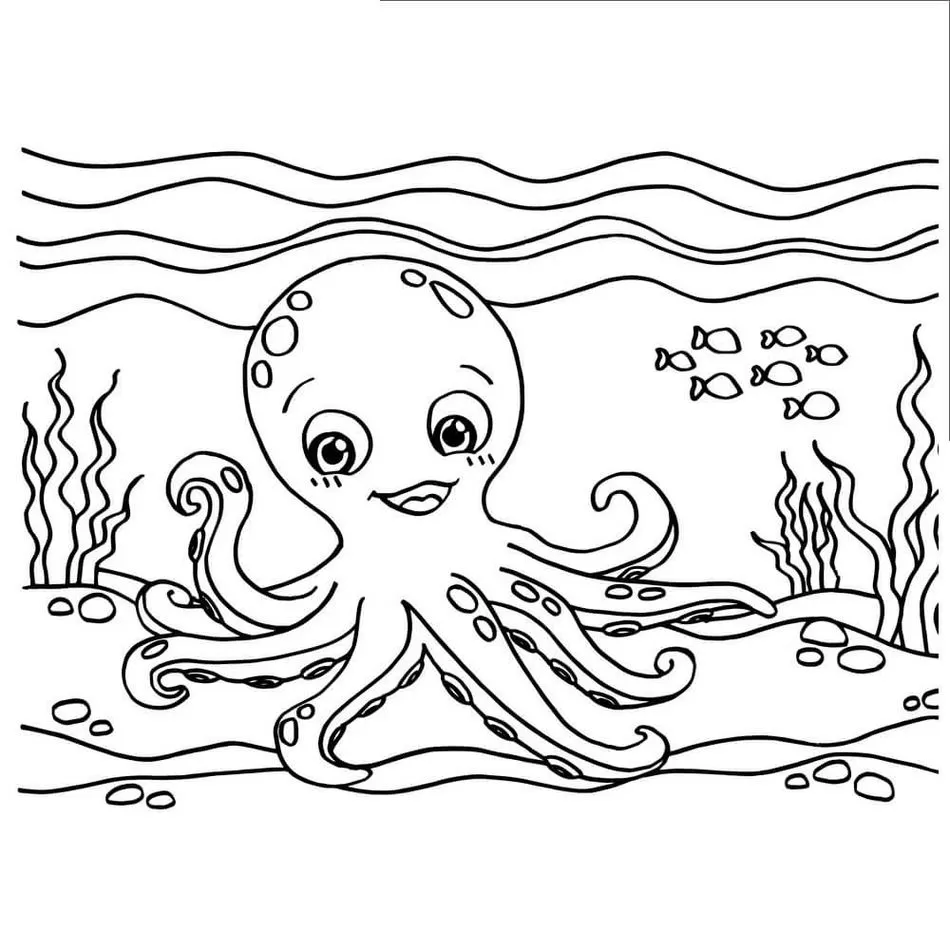Polvo sorrindo nadando entre algas e peixes, desenho para colorir.