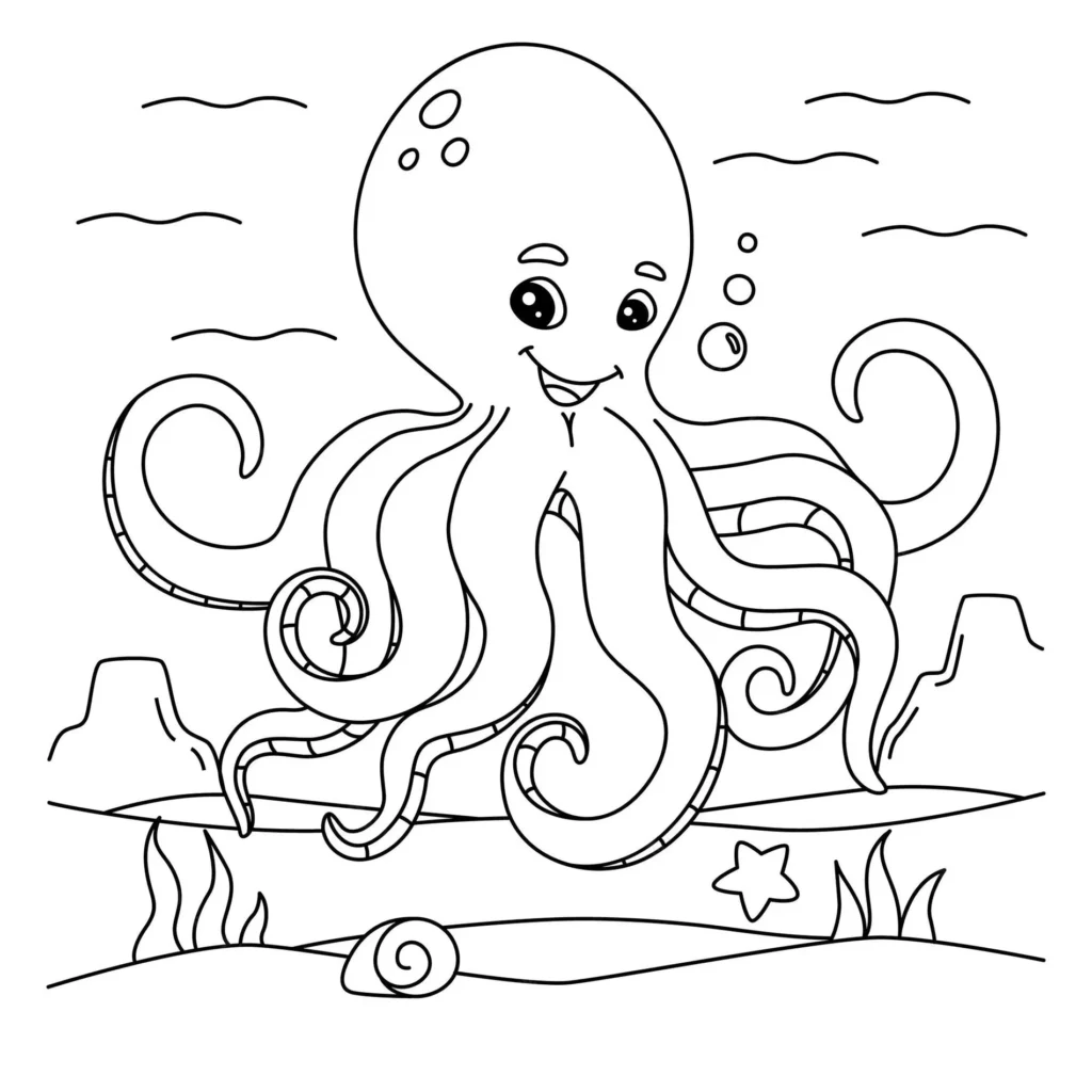Desenho de polvo sorrindo no fundo do mar com rochas, algas e estrela-do-mar para colorir.