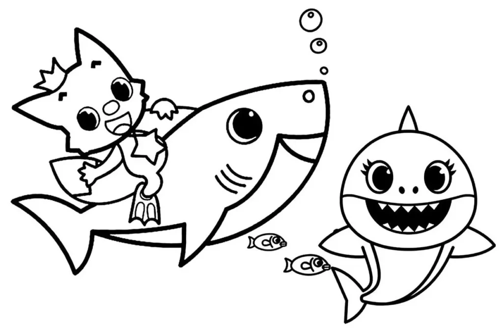 Pinkfong e Bebê Tubarão para colorir: Aventura submarina com tubarão sorridente e peixinhos.