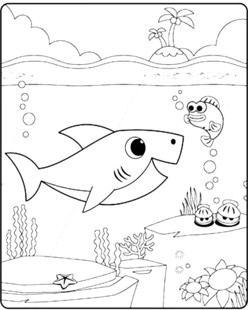 Bebê Tubarão no Fundo do Mar: Desenho para colorir com cena marinha, peixe, algas e ilha.