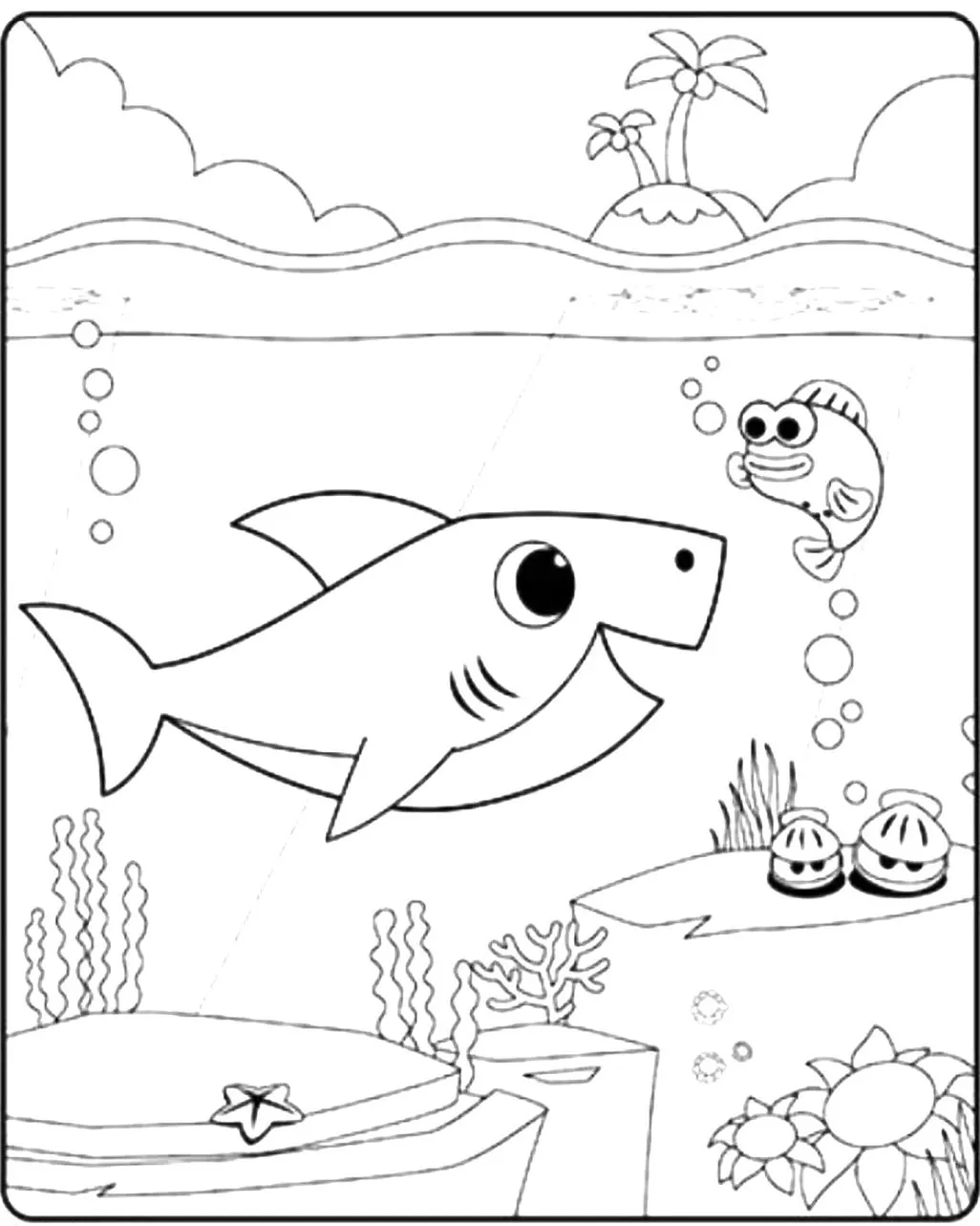 Desenhos do Bebê Tubarão para colorir Fundo do Mar Bebê Tubarão no Fundo do Mar: Desenho para colorir com cena marinha, peixe, algas e ilha.