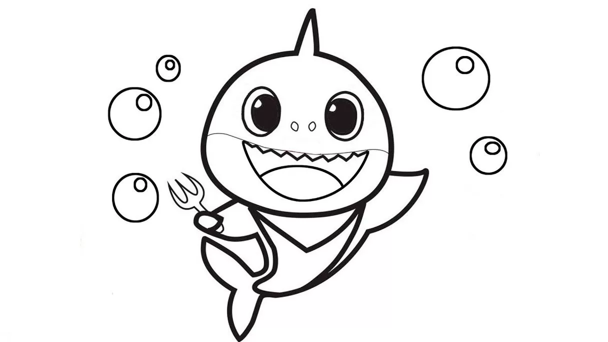 Bebê Tubarão Hora do Rango para colorir: desenho com o bebê tubarão sorrindo com garfo.