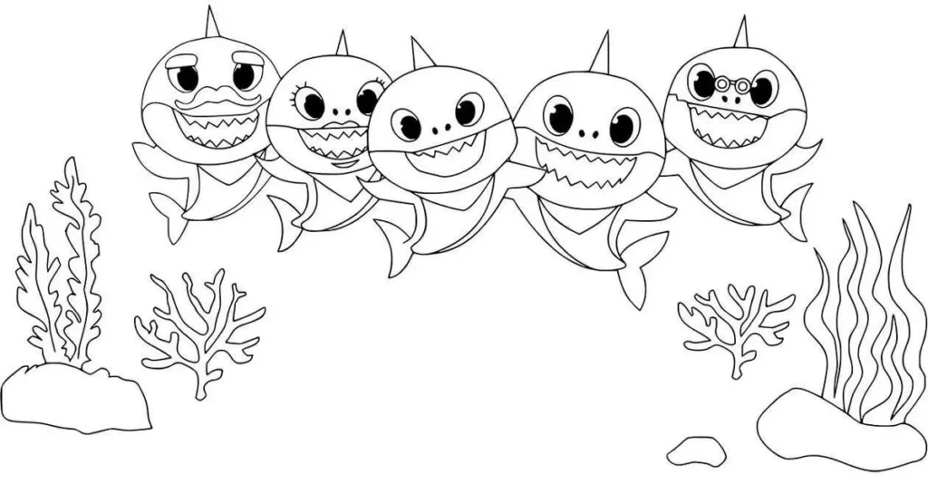 Desenho para colorir: Família Bebê Tubarão nadando no mar
