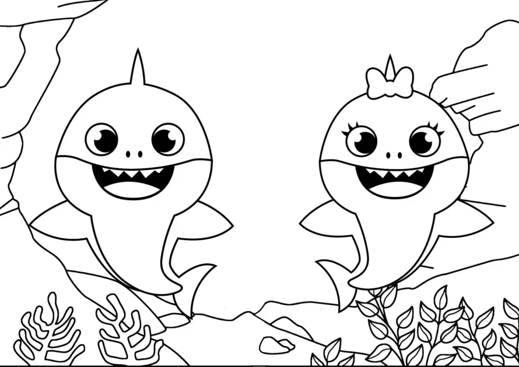 Desenhos para colorir: Bebê Tubarão Menino e Menina em fundo marinho