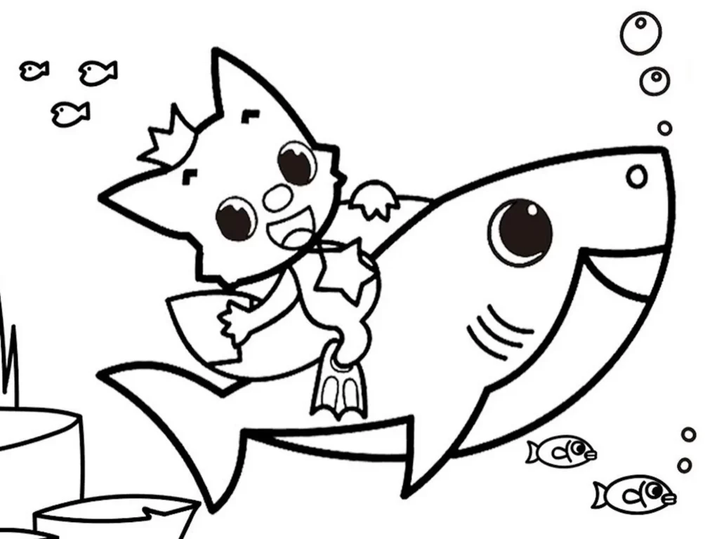 Bebê Tubarão para colorir em aventura submarina com peixinhos e bolhas.