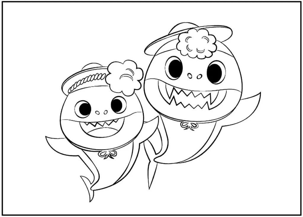 Desenhos dos Vovôs Tubarões do Bebê Tubarão para colorir. Divertidos tubarões com chapéus e laços, prontos para pintar.