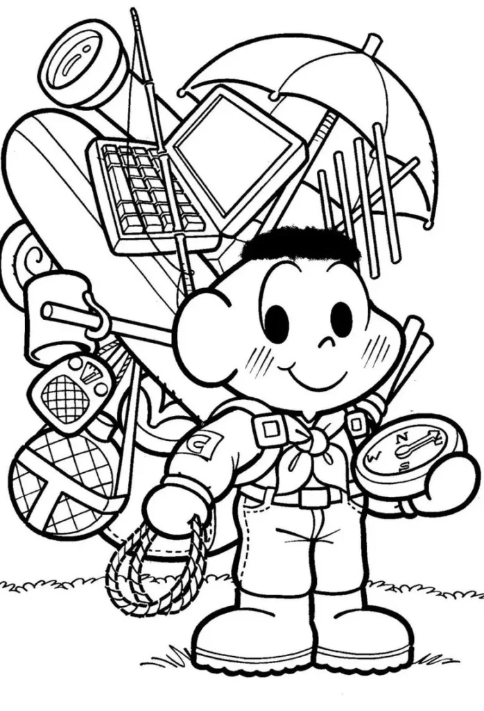 Cascão escoteiro com mochila de aventura, pronto para colorir.