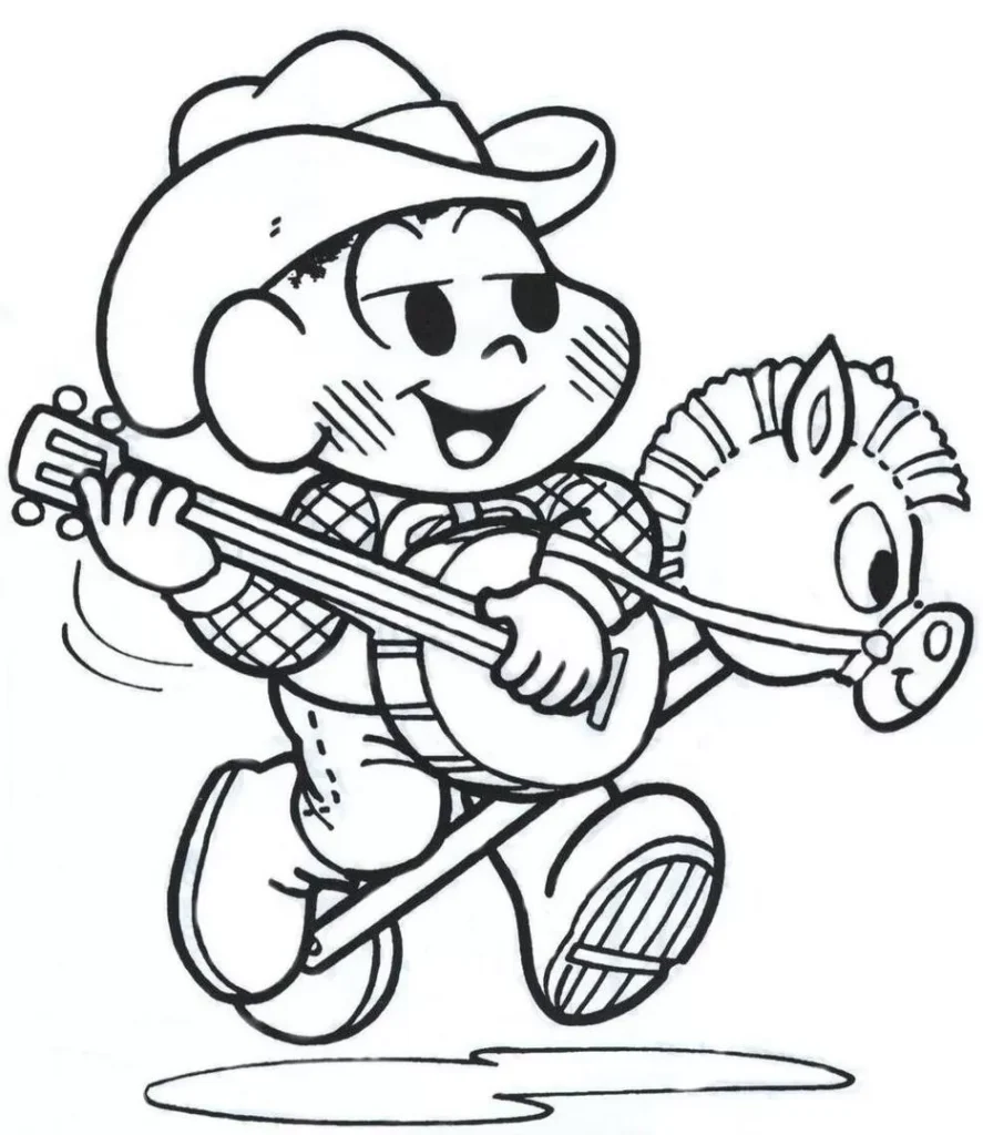 Cascão vestido de caipira tocando banjo e cavalgando um cavalinho de pau, pronto para colorir.