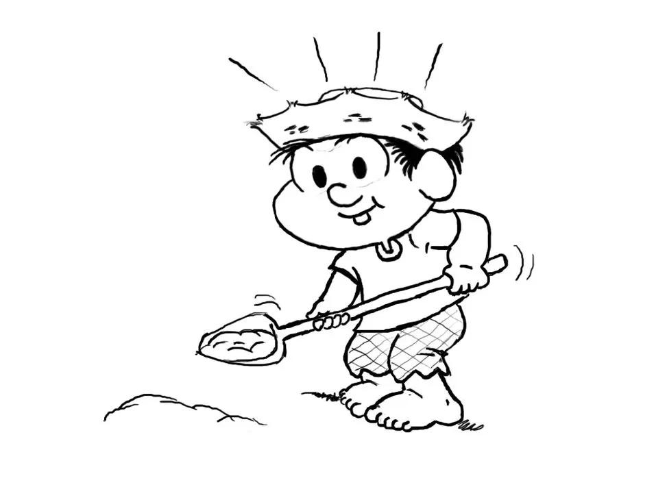 Cascão da Turma da Mônica com chapéu de cangaceiro cavando com uma pá. Desenho para colorir.