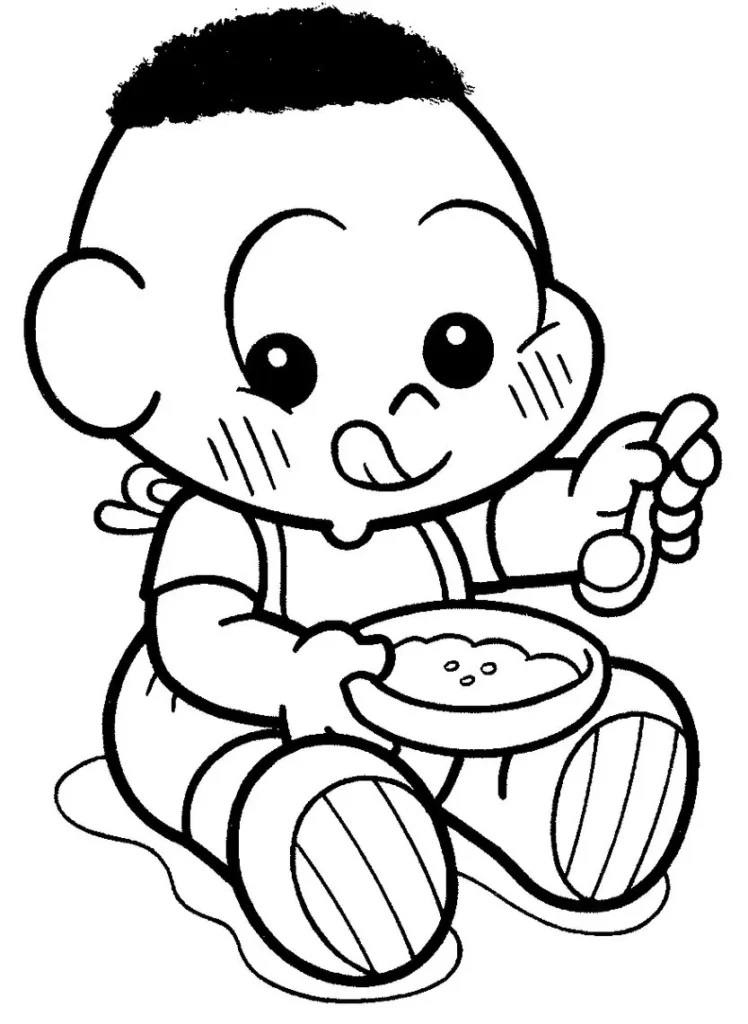 Cascão bebê comendo: desenho para colorir do personagem da Turma da Mônica saboreando sua refeição.