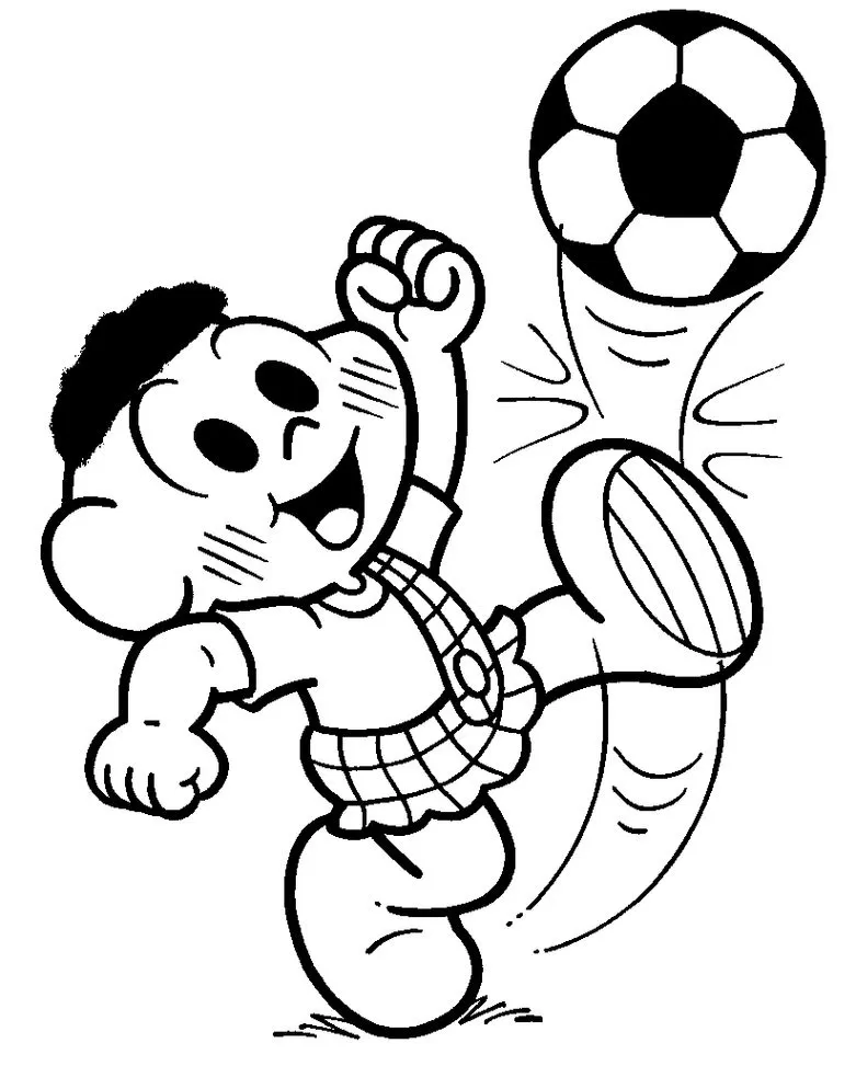 Cascão vibrando ao chutar bola de futebol para colorir.