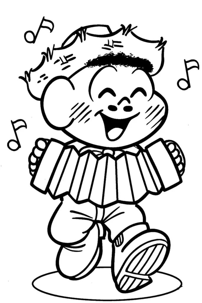 Cascão da Turma da Mônica tocando acordeão, pronto para colorir.