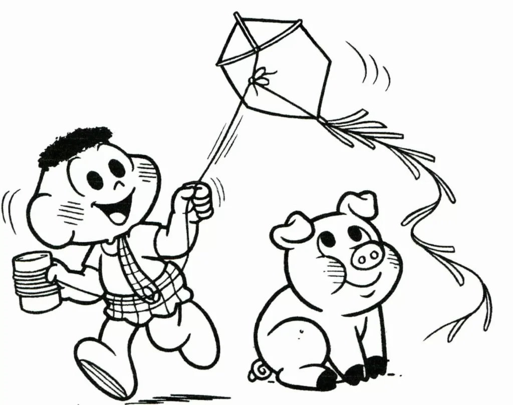 Cascão empinando pipa: desenho para colorir com porquinho observador.
