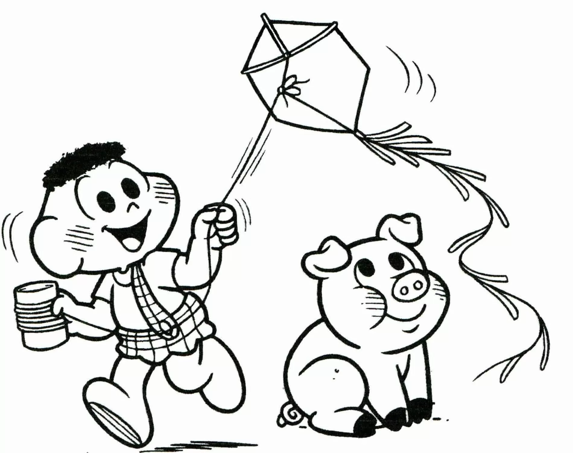 Cascão empinando pipa: desenho para colorir com porquinho observador.