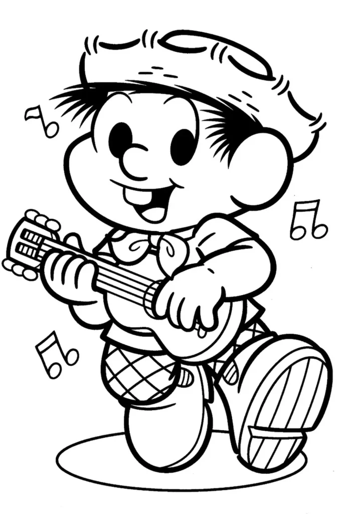 Cascão da Turma da Mônica tocando viola, traje típico e chapéu de palha, pronto para colorir.