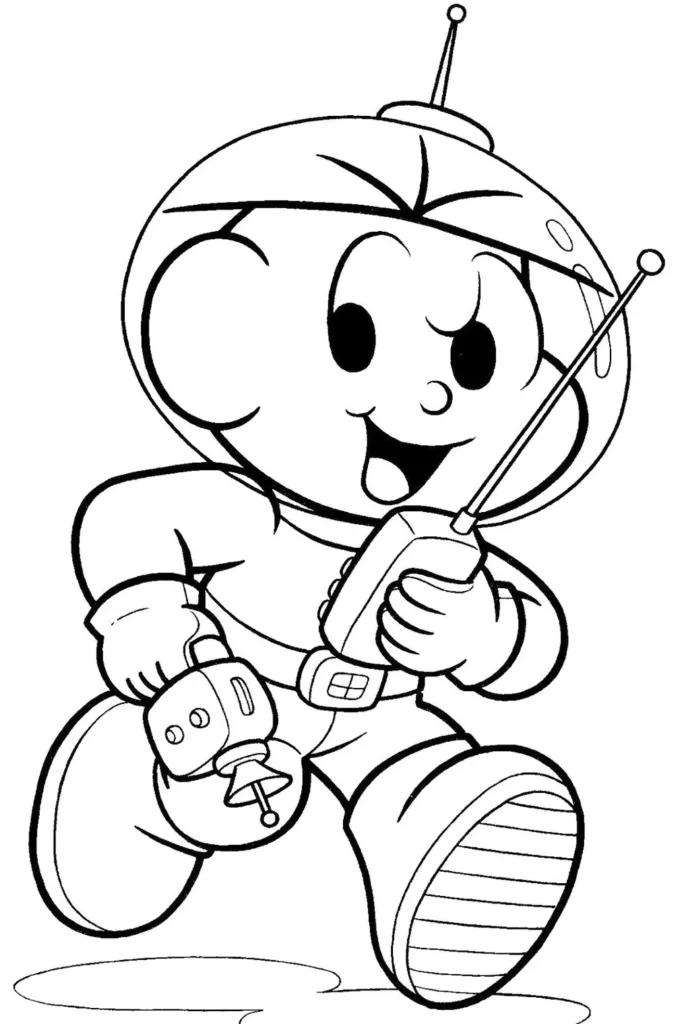 Desenhos do Cebolinha para pintar Astronauta Cebolinha Astronauta: desenho para colorir. O personagem, com traje espacial, capacete com antenas e rádio comunicador, está pronto para a aventura!