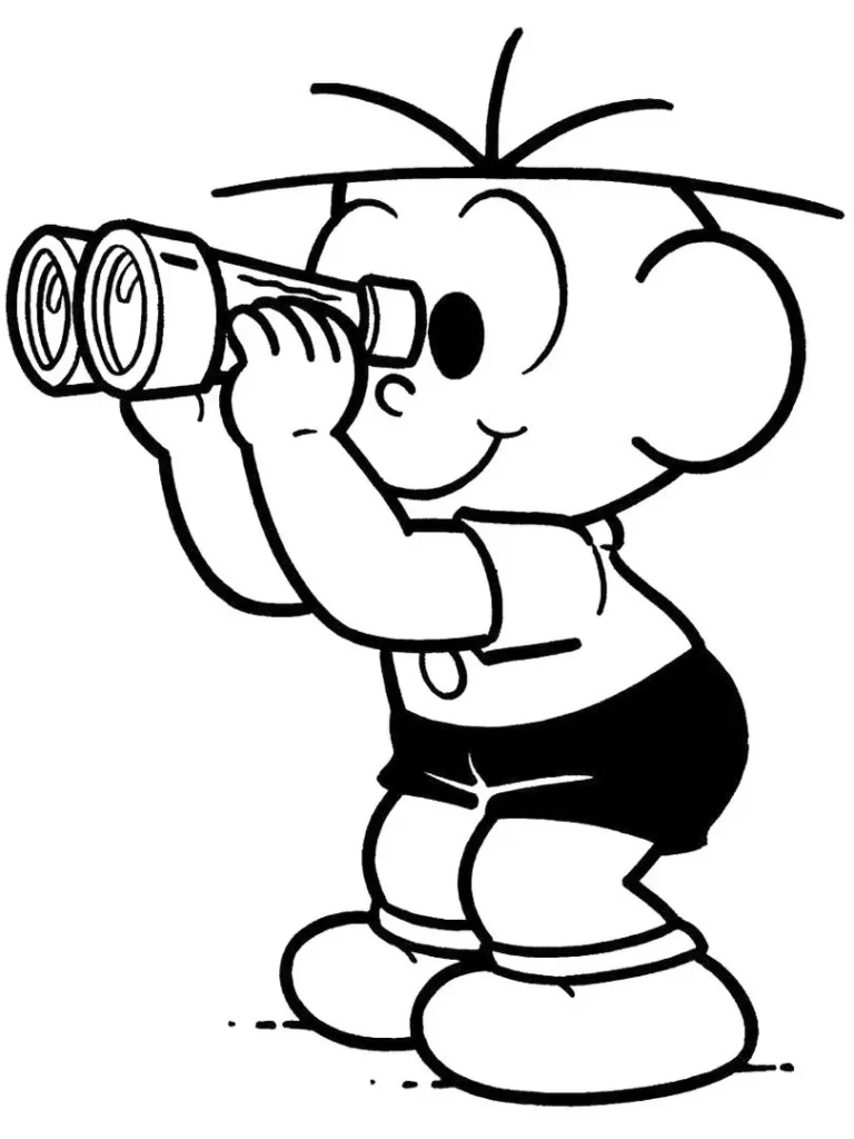 Desenhos do Cebolinha para pintar Binóculos Cebolinha com binóculos: desenho para colorir do famoso personagem dos quadrinhos.