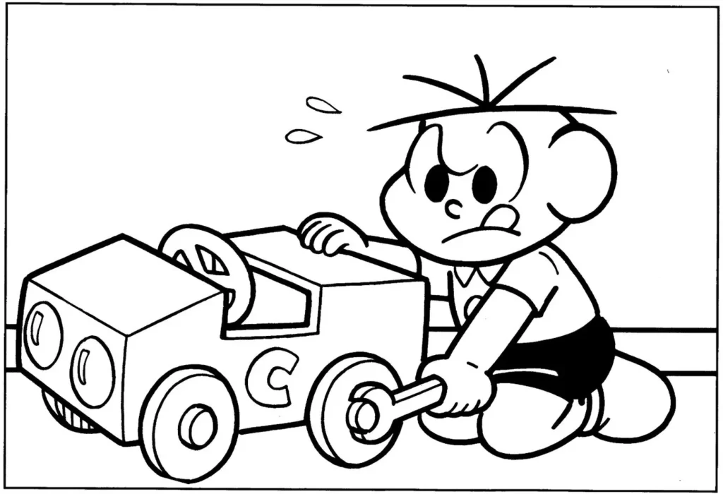 Desenhos do Cebolinha para pintar Concertando o Carro Cebolinha concentrado consertando carrinho de brinquedo para colorir