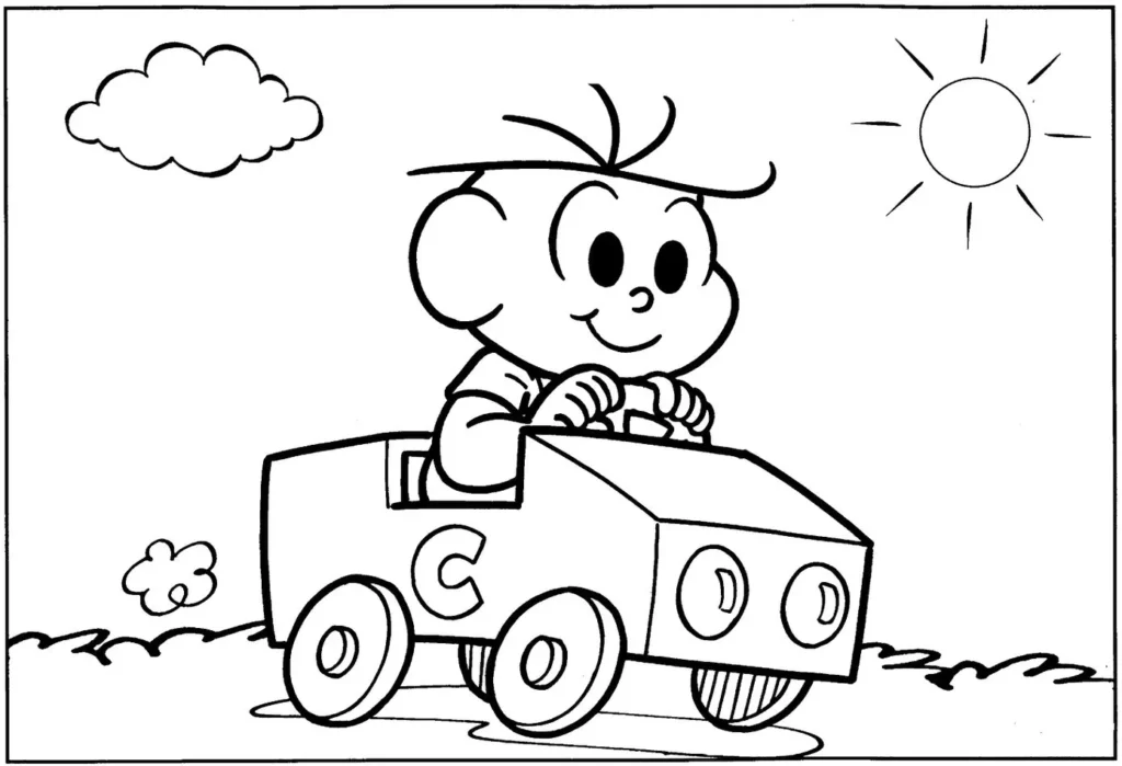 Desenhos do Cebolinha para pintar Dirigindo Cebolinha sorrindo ao volante de carro com letra C, desenho para colorir.