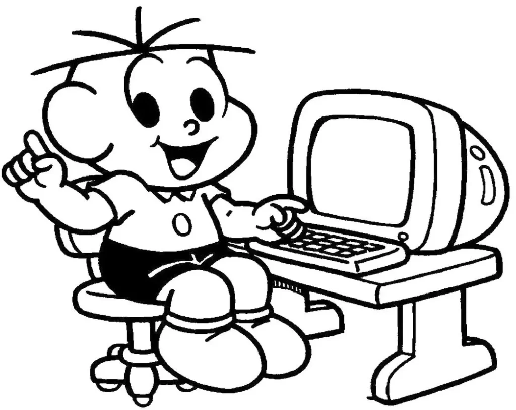 Desenhos do Cebolinha para pintar No Computador Cebolinha em frente ao computador antigo: atividade para colorir